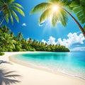 Tropical beach with blue waves, white sand on the beach with blue sky and sun. Royalty Free Stock Photo