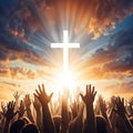 Christian cross people stretch out their hands to the cross Royalty Free Stock Photo