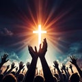Christian cross people stretch out their hands to the cross Royalty Free Stock Photo