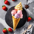 Pink-purple ice cream in a waffle cone fresh strawberries Royalty Free Stock Photo