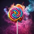 Large round colored lollipop with colored smoke Royalty Free Stock Photo