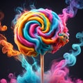 Large round multi-colored lollipop with multi-colored smoke Royalty Free Stock Photo