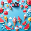 Ice cream white, pink, yellow in cones and with watermelon slips on their paper Royalty Free Stock Photo