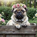 Cute pug dog in a wreath of flowers sits in a wooden box Royalty Free Stock Photo