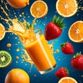 Glass with orange orange juice on a bg of fresh oranges and other fruits Royalty Free Stock Photo