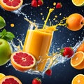 Glass of orange orange juice with splashes f fresh oranges and fruits Royalty Free Stock Photo