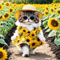 Cute fluffy Persian cat in a hat, sun glasses on a background of sunflowers