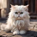 Cute fluffy Persian cat on the bg of the street