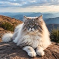 Cute fluffy Persian cat lies against the bg of nature on a rock