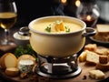 Cheese Fondue, Swiss melted cheese and wine dish served in a communal pot Royalty Free Stock Photo