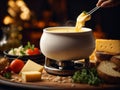 Cheese Fondue, Swiss melted cheese and wine dish served in a communal pot Royalty Free Stock Photo