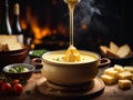 Cheese Fondue, Swiss melted cheese and wine dish served in a communal pot Royalty Free Stock Photo
