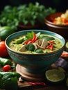 Delicious Thai green curry soup, vibrant blend of fresh green chilies Royalty Free Stock Photo
