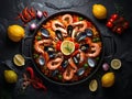Paella, classic Spanish dish featuring saffron rice with chorizo, chicken, and seafood Royalty Free Stock Photo