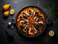 Paella, classic Spanish dish featuring saffron rice with chorizo, chicken, and seafood Royalty Free Stock Photo