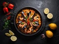 Paella, classic Spanish dish featuring saffron rice with chorizo, chicken, and seafood Royalty Free Stock Photo