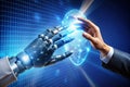 human hand touching screen with robot hand Royalty Free Stock Photo