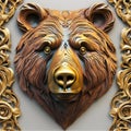3D bear sculpture trophy wall decoration metallic wooden. AI generated unique mural Royalty Free Stock Photo