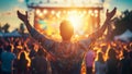 Good Vibes Happy Asian Man in a Rock Music Festival Concert (Rockfest Party Lollapalooza) With Arms Wide Open in Joy Royalty Free Stock Photo