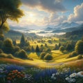 Serene Sunrise Landscape Meadows Royalty Free Stock Photo