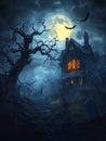 A haunted house in the dark night Halloween-themed background Royalty Free Stock Photo