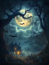 A haunted house in the dark night Halloween-themed background Royalty Free Stock Photo