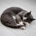 Adorable Gray Cat Sleeping Peacefully on a Wooden Floor . Royalty Free Stock Photo