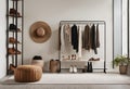 Minimalist wardrobe features neutral tones, organized shelves, stylish rack, and natural light Royalty Free Stock Photo