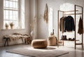 Minimalist wardrobe features neutral tones, organized shelves, stylish rack, and natural light. Royalty Free Stock Photo