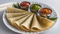 crispy south indian dosa with assorted chutneys on a white plate Royalty Free Stock Photo