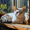 Elegant White Cat Lounging on a Sunlit Windowsill â AI Artwork Royalty Free Stock Photo