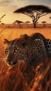 A Leopard in African Savanna at sunset AI generated Royalty Free Stock Photo
