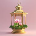A decorative golden lantern with intricate carvings features an interior display of pink lotus flowers and green leaves Royalty Free Stock Photo
