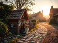 Cozy Cat kennel with paw prints in quaint village pathway at Golden Hour Royalty Free Stock Photo