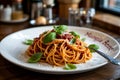 Classic Spaghetti with Tomato Basil Sauce and Parmesan . Royalty Free Stock Photo