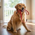Eager Golden Retriever Holding a Red Leash Indoors Royalty Free Stock Photo