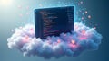 Floating Code Editor Inside Cloud Icon with Instant Deployment to Global Nodes Royalty Free Stock Photo