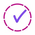 Purple check mark in magenta dashed circle, approval icon, white background Royalty Free Stock Photo
