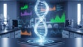 Glowing DNA Helix Above Tablet with Holographic Data Graphs for Biotechnology and Business Innovation Concepts Royalty Free Stock Photo