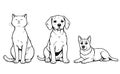 Black and White Vector Drawing of Dog, Cat, and Puppy Sitting Together Royalty Free Stock Photo
