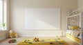 Child\'s bedroom with light wood flooring and cream-colored walls. A large blank canvas hangs on the wall. Royalty Free Stock Photo
