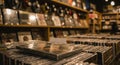 Vinyl records and CDs fill wooden shelves in a record store. Royalty Free Stock Photo
