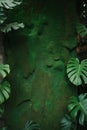 Green Mossy Rock Wall with Tropical Monstera Leaves Royalty Free Stock Photo
