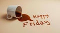 Spilled Coffee Cup with Happy Friday Text Royalty Free Stock Photo