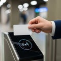 A man\'s hand tapping a white card on a card reader - Contactless payment access technology - Financial security advertising Royalty Free Stock Photo