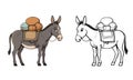 Donkey carrying load mockup set, blank and colored animal template for farm, transport, village life, agriculture illustrations Royalty Free Stock Photo