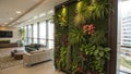 Modern office interior featuring a vertical garden with assorted plants including ferns and flowering species. Royalty Free Stock Photo