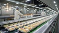 A modern food processing facility features a long conveyor belt with ready-to-eat packaged meals Royalty Free Stock Photo