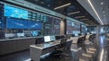 Modern control room with sleek black-and-white design, featuring large wall-mounted digital screens displaying maps Royalty Free Stock Photo