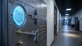 A secure corridor features a high-tech vault door on the left with a prominent blue fingerprint scanner Royalty Free Stock Photo
